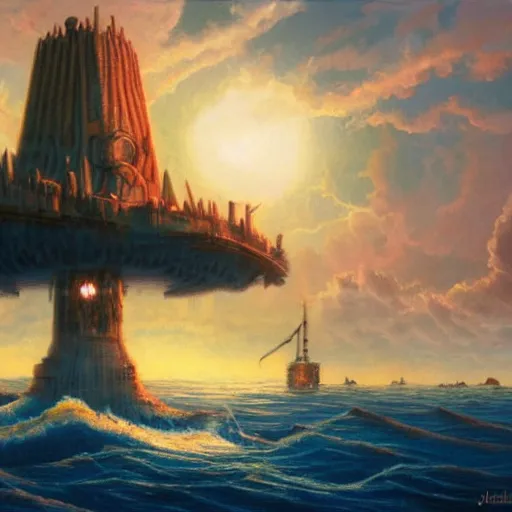 Image similar to a ship off the shore of a beautiful coast with a distant ominous biopunk tower filled with evil technology glowing in the distance, painting by John Berkley