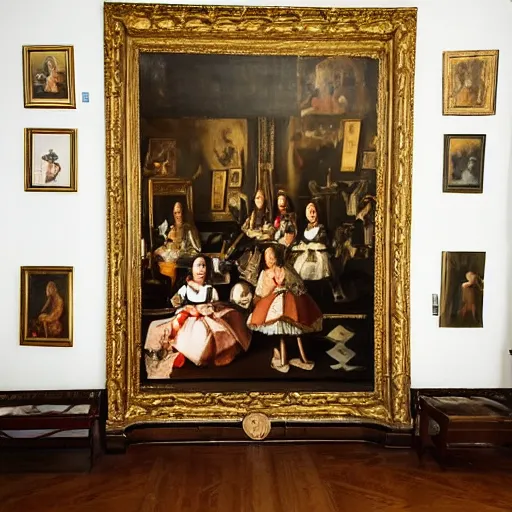 Image similar to oil canva family portrait in the main room of the castle painted in 1 6 5 6, dark room, one point of light coming through the window inspired by las meninas, spaces between subjects, detailed and realistic faces for each person in the canva, inspired by diego velasquez better quiality