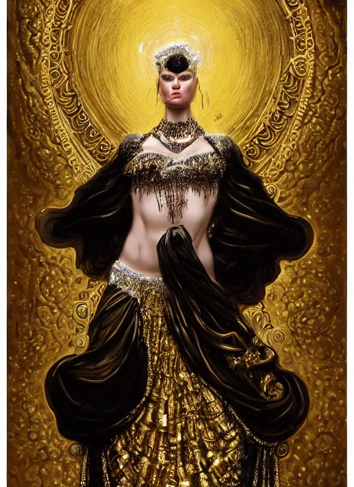 Prompt: highly detailed oil painting | very intricate | cinematic lighting | black, white and gold color scheme, dark background | tribalfusion bellydancer fully dressed by alexander mcqueen | by roberto ferri, by tom bagshaw, by singer sargent and klimt, american romanticism, occult art | by austin osman spare, artstation, cgsociety, official art, octane