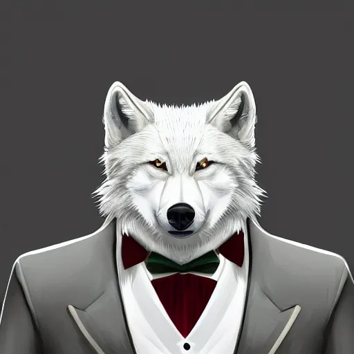 Image similar to An Award Winning Masterpiece Character Illustration trending on artstation of a White Wolf in a Tuxedo, 4k, ultra detailed