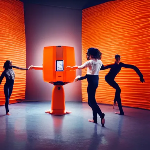 Image similar to photo of contemporary dancers, dancing around an orange kuka servo robot, in uy studio clothing, inside berghain berlin, lowlight, photorealistic, 8 k