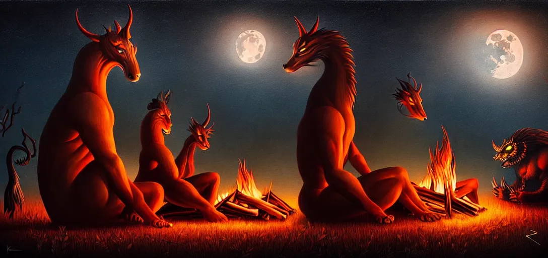 Image similar to strange mythical beasts of sitting around a fire under a full moon, surreal dark uncanny painting by ronny khalil