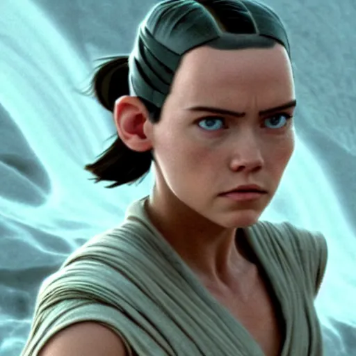 Image similar to Rey from Star Wars twenty years older as a Jedi Master