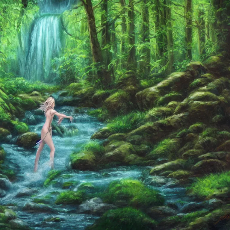 Image similar to light oil painting of a high fantasy beautiful elf goddess in a forest with a stream running down the middle