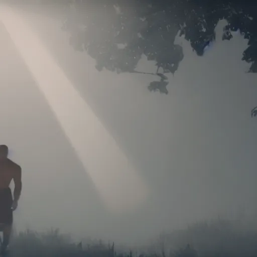 Image similar to a still of mike tyson, cinematic, 4 k, god rays through fog