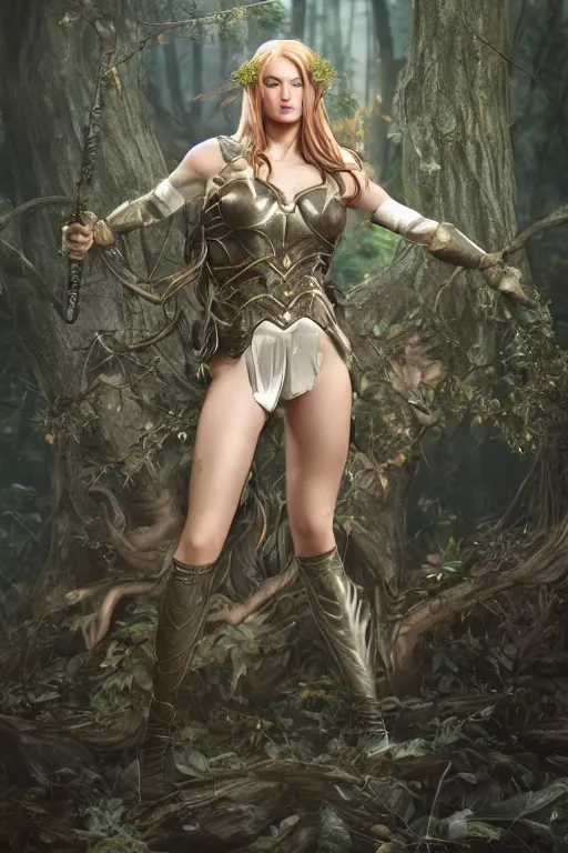 Image similar to Greek Goddess Artemis in moonlit forest wearing leather !!ranger!! armour, surrounded by !animals!, medium shot portrait by artgerm loish and WLOP, octane render, dynamic lighting, asymmetrical portrait, dark fantasy, cool toned, trending on ArtStation