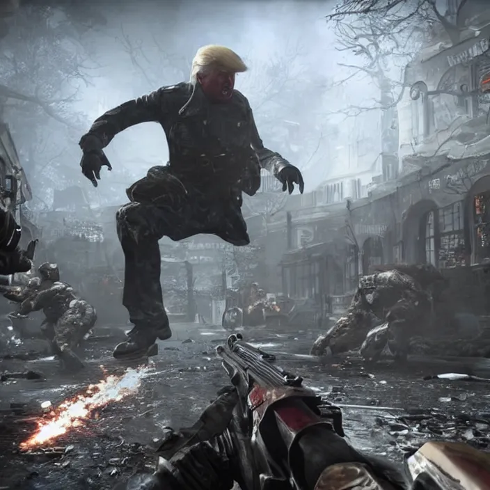 Image similar to donald trump in call of duty zombies gameplay screenshot, direct warm lighting high graphics detailed