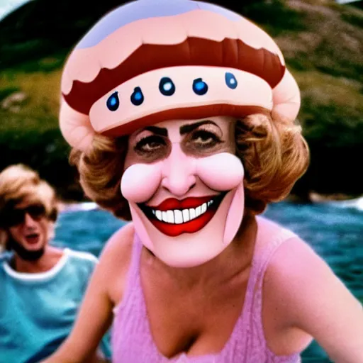 Image similar to middle aged woman with an inflatable toy head on top of her head wearing a dress at the seaside 1976 French film archival footage technicolor film expired film 16mm new wave John Waters