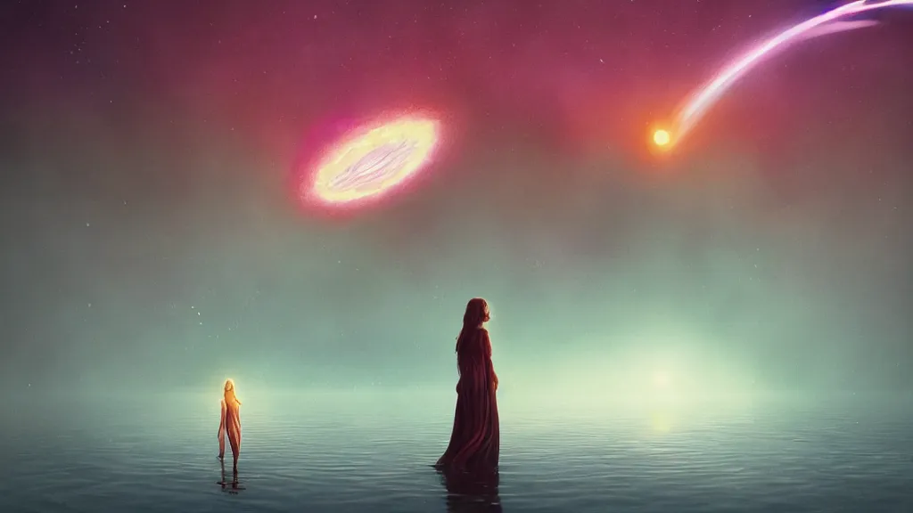 Image similar to a beautiful whimsical woman standing in a lake basking in the moonlight, underneath a multi-colored binary blackhole with an accretion disc, by Lois van Baarle, by Greg Rutkowski, by artgerm, by beeple, cinematic angle, volumetric lighting, 4k resolution, octane render, trending on artstation, masterpiece