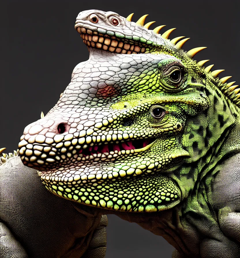 Image similar to antasy creature setting all : iguana head : : 0. 5 the head has a symmetrical horn and tumor, and there is a rhino horn at the front of the beak, and the mouth is open to reveal a mouth full of fangs with huge wings, full body rich detail realistic photoreal photorealistic octane render 8 k