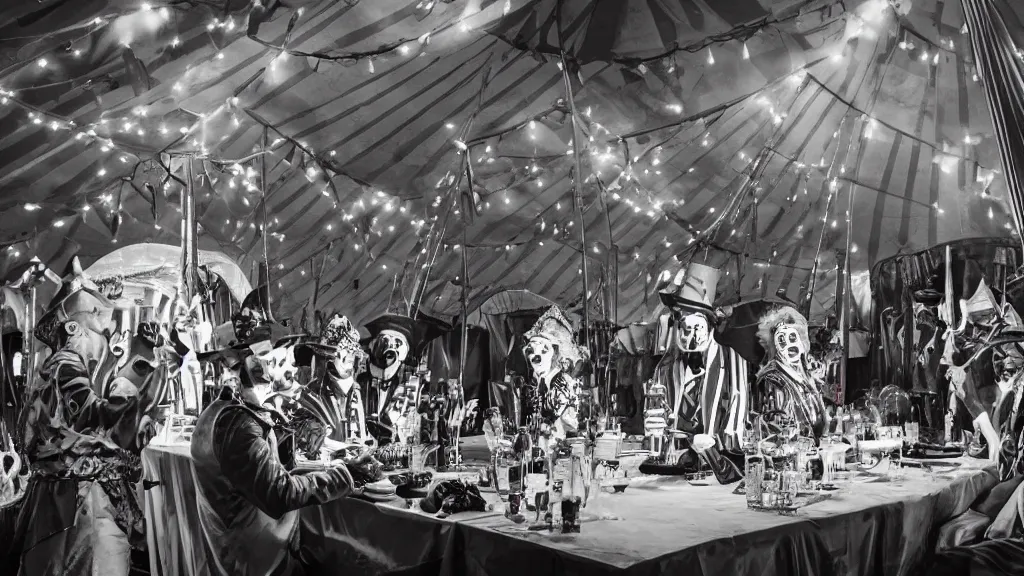 Prompt: of a gang of circus clowns, drinking alcohol, inside a circus tent, photo realistic