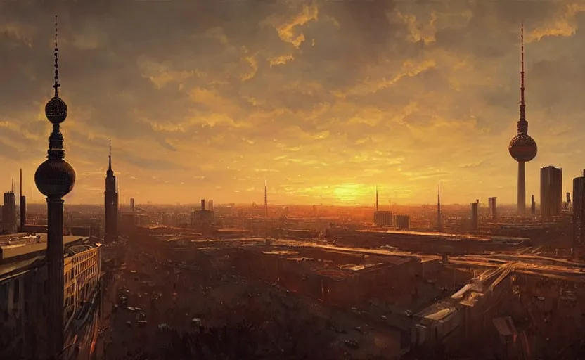 Image similar to painting of skyline of berlin at sunset, natural light, concept art, by greg rutkowski, cozy atmospheric and cinematic lighting