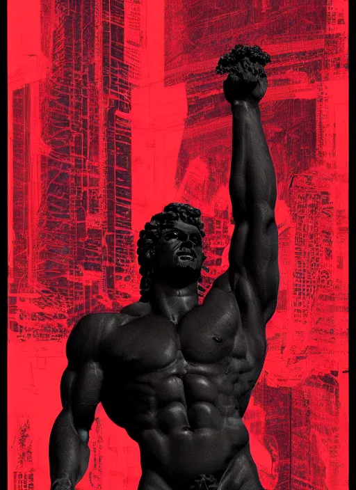 Image similar to black design poster showing a statue of hercules, black background with very subtle red and purple design elements, powerful, nekro, vito acconci, thin straight lines, dark, glitch art, neo vaporwave, gritty, layout frame, square, trending on artstation