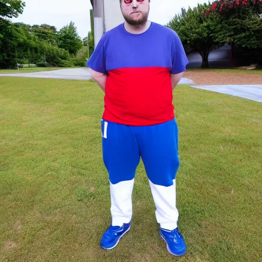 Image similar to a full body shot of an average white, short young - adult man with blue dyed hair holding a microphone, wearing a red backwards cap, white t - shirt with a red no symbol on it, blue long pants and red shoes