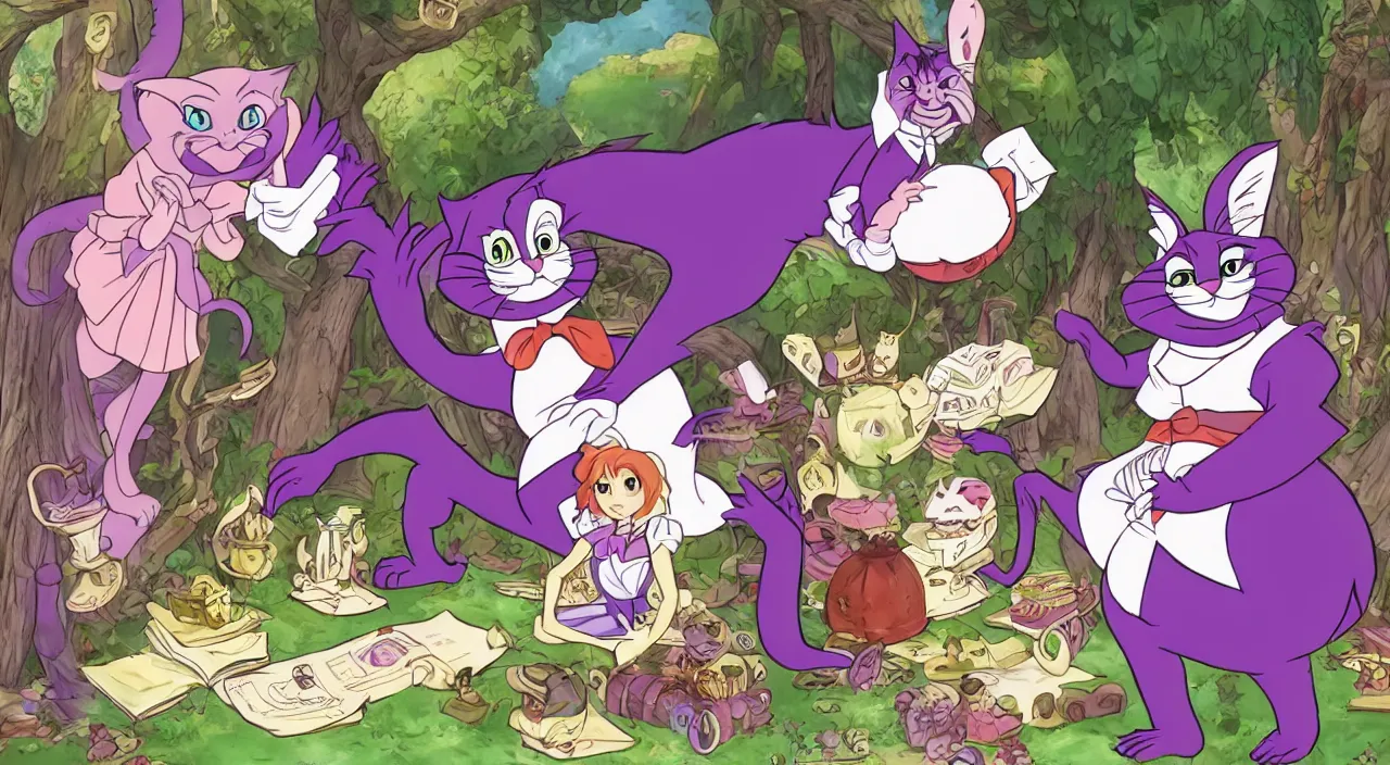 Image similar to [ disney's alice in wonderland ] and [ cheshire cat ] in isekai style