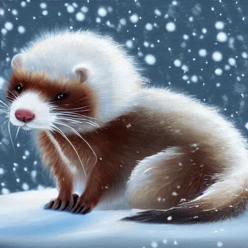 Prompt: cute fluffy ferret sitting in snowy winter landscape detailed painting 4 k