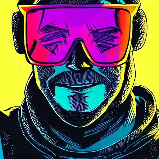 Prompt: a full body character design guy denning, tim doyle, laurie greasley fiery flaming grungy hooded sunglasses handsome smiling figure heroic!! two guns!! bold outline sharp edges. elegant, neon colors, dynamic angle, intricate complexity, epic composition, symmetry, cinematic lighting masterpiece