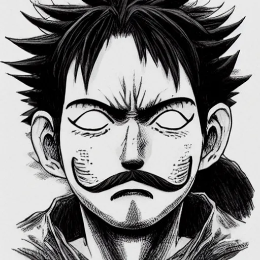 Image similar to [ luffy mustache ] ( by kim jung gi ) ( by kentaro miura )