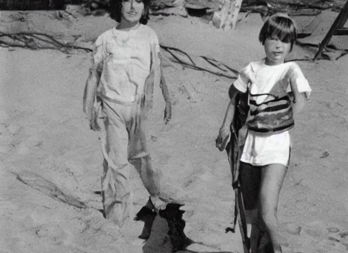 Prompt: brian wilson of the beach boys on the beach as a boy, on the beach also is john lennon of the beatles as a beetle