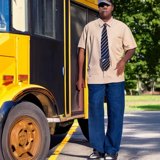 Prompt: african american male school bus driver with large legs