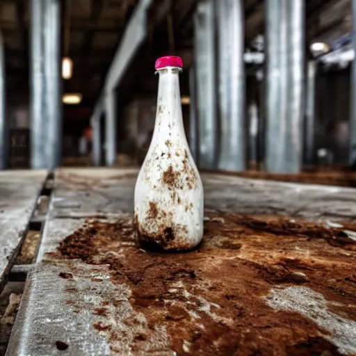 Image similar to bottle of milk, over a rusted metal table inside slaughterhouse