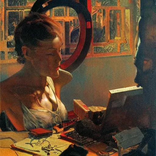 Image similar to detailed intricate soviet realism painting of web - designer, beautiful by frank frazetta