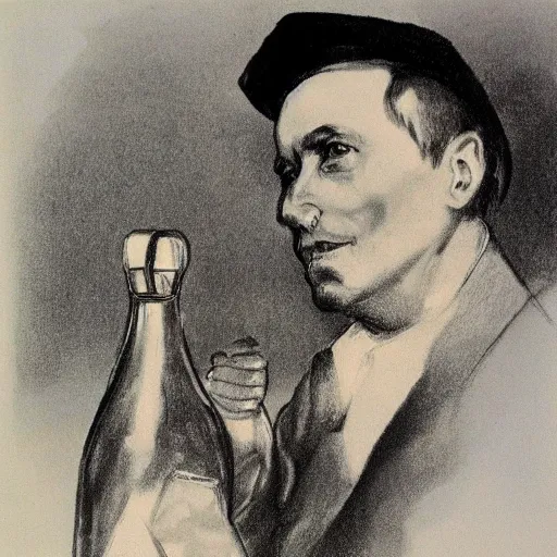 Image similar to sketch of a russian man drinking vodka bottle, detailed