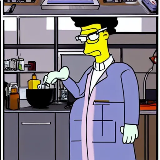 Prompt: walter white cooking meth in a laboratory in the style of the simpsons