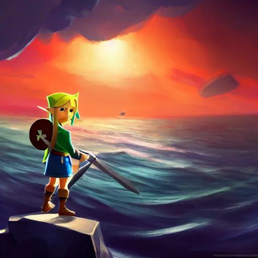 Prompt: link from wind waker!! stands on an island ready for battle, a large detailed pirate ship is in the water in the distance, dramatic lighting, diffused light, haze, lens flare, extremely detailed wind waker concept art, 8 k, trending on artstation