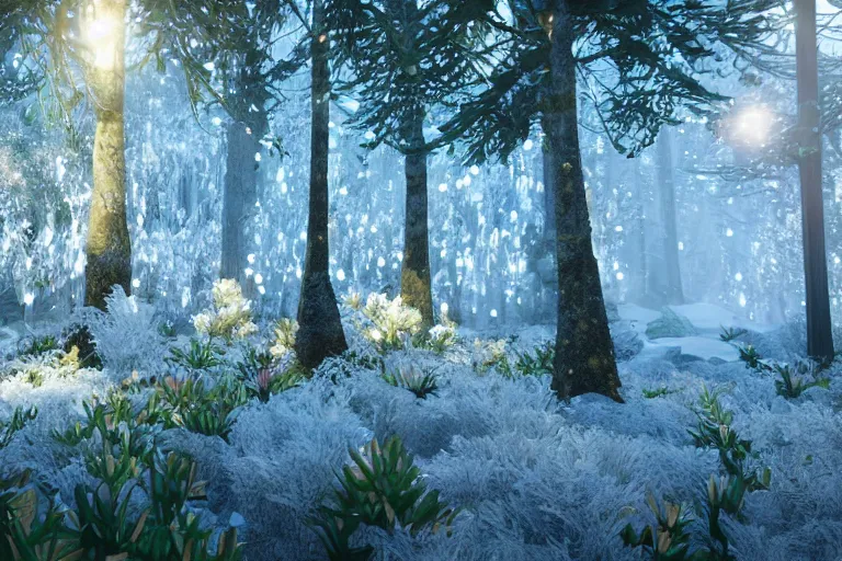 Image similar to crystallized forest with gilded trees and jeweled flowers by unreal engine, photorealistic