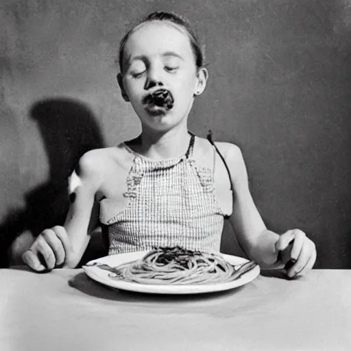 Image similar to girl eats spaghetti and crying spaghetti, style of Salvador Dali