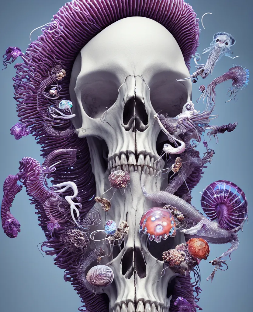 Prompt: goddess close-up portrait ram skull, skeleton, thorax, x-ray, backbone, jellyfish phoenix head, nautilus, orchid, skull, betta fish, bioluminiscent creatures, intricate artwork by Tooth Wu and wlop and beeple. octane render, trending on artstation, greg rutkowski very coherent symmetrical artwork. cinematic, hyper realism, high detail, octane render, 8k