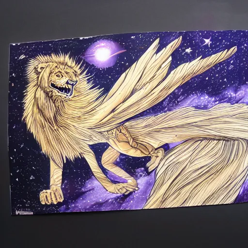 Prompt: winged lioness in outer space, ink on paper, 8k high quality detailed art, trending on art station, manga art