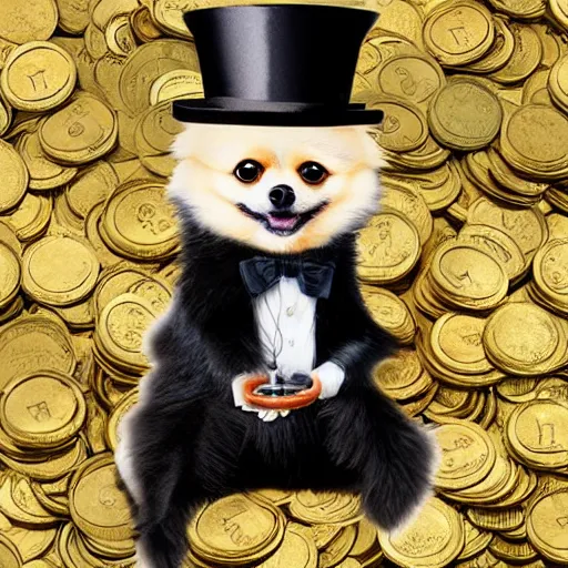 Prompt: A Pomeranian wearing a top-hat and monocle while sitting on a pile of gold coins