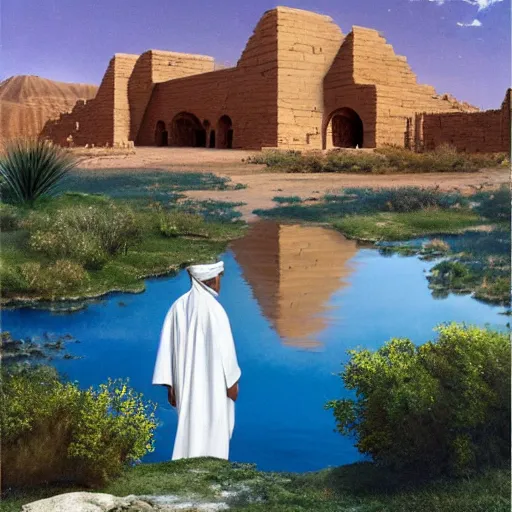 Prompt: an 8k resolution oil on canvas PAINTING OF AFRICAN MOORS IN WHITE ROBES IN FRONT OF MASSIVE EGYPTIAN RUINS IN A DESERT OASIS WITH LUSH VEGETATION AND A REFLECTIVE POND AND A STARGATE , by BEEPLE AND Berndnaut Smilde. SANDSTORM