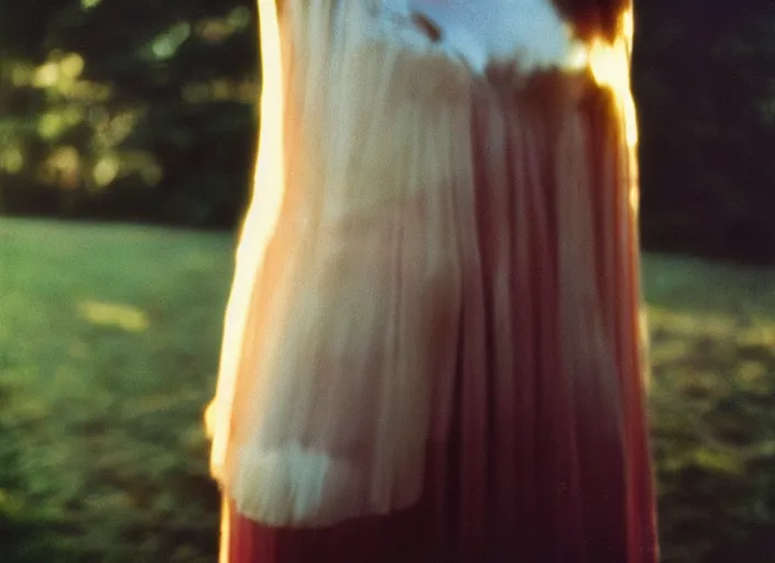 Prompt: close-up color film photography 1970s, long shot, bold woman, soft focus, golden hour, soft light, 35mm, film photo, Joel Meyerowitz