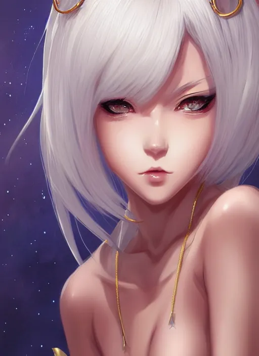 Prompt: a frontal portrait of a very beautiful anime girl pope!!!!!! with cat ears, white hair, gold skin, digital painting, art by wlop artgerm ilya kuvshinov, sharp focus, highly detailed