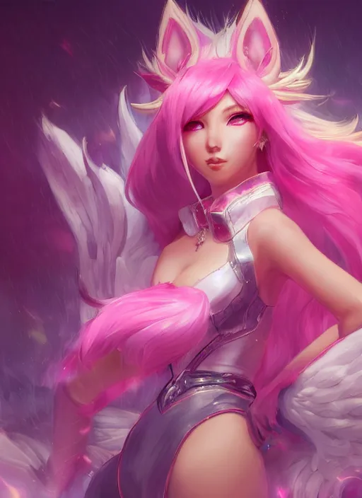 Prompt: ahri, from league of legends, pink heart skill, hyper detailed, digital art, trending in artstation, cinematic lighting, studio quality, smooth render, unreal engine 5 rendered, octane rendered, art style by klimt and nixeu and ian sprigger and wlop and krenz cushart