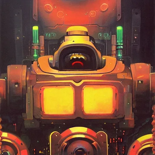 Image similar to a dark and colorful close - up of a sci - fi mecha walrus robot with led lights glowing fog in the background. highly detailed science fiction painting by norman rockwell, frank frazetta, and syd mead. rich colors, high contrast, gloomy atmosphere, dark background. trending on artstation