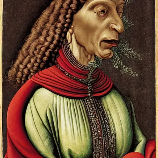 Image similar to portrait of an anthropomorphic tyrannosaurus rex, dressed as an italian queen, sandro bottecelli, 1 5 0 0