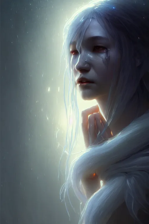 Image similar to crying ghost, tall, silver skin, illustration, cinematic lighting, 8 k, d & d, frostbite 3 engine, dof, artstation, tangled, digital art, twilight ray, art by tsuyoshi nagano, greg rutkowski, artgerm, alphonse mucha