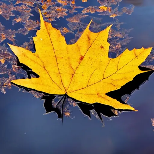 Image similar to close - up of a yellow maple leaf floating on top of a pond, with reflection