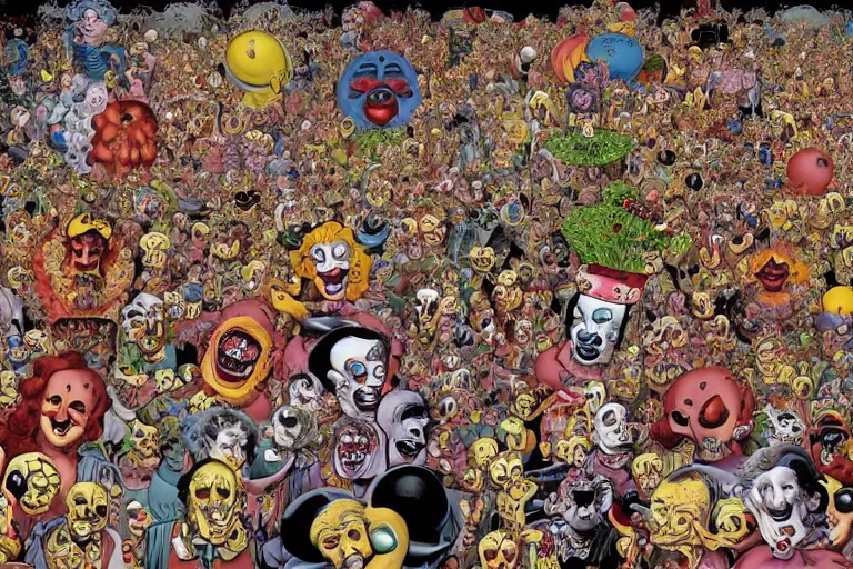 Image similar to endless crowd of clowns by rotella mimmo, kenny scharf, jacek yerka, peter bagge, simon bisley, artur bordalo, judy chicago, geof darrow