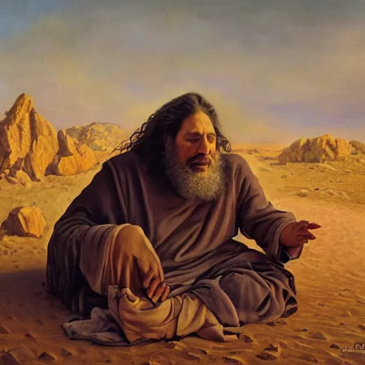 Prompt: Richard Stallman in the desert, in the style of Christ in the Wilderness by Ivan Kramskoi, painting, trending on arstation