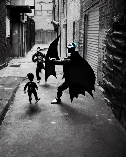 Image similar to batman beating up crying children in an alleyway, everyone having fun, toy product advertisement, photography, canon