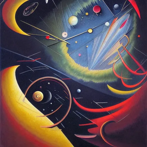 Prompt: Beautiful Caravaggio and kandinsky style art deco oil painting of detailed space maelstrom, highly detailed, Nigredo, dark enlightenment, alchemy, Art deco, Vibrant volumetric natural light In style of Josan Gonzalez and Mike Winkelmann and andgreg rutkowski and alphonse muchaand and Caspar David Friedrich and Stephen Hickman and James Gurney and Hiromasa Ogura.