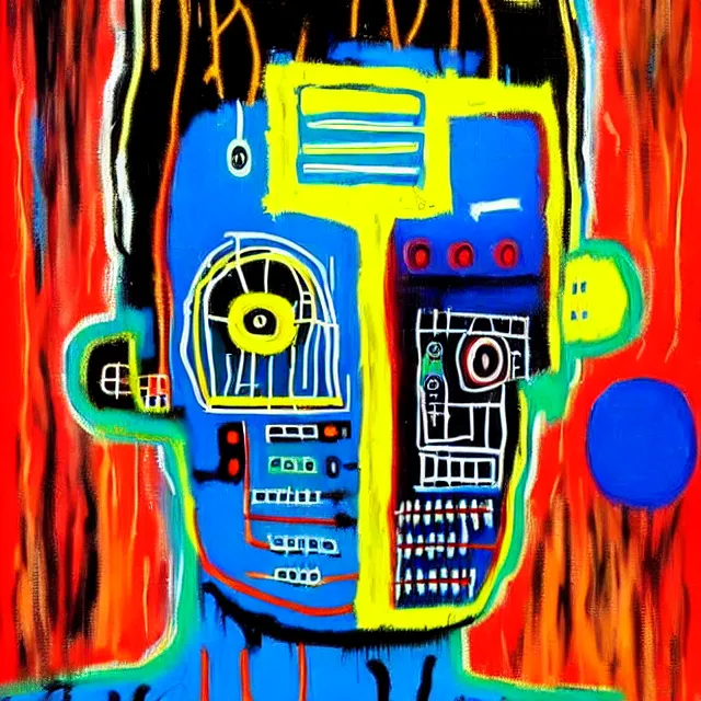 Image similar to a beautiful painting cyberpunk robot jean michel basquiat face, by salvador dali realistic oil painting