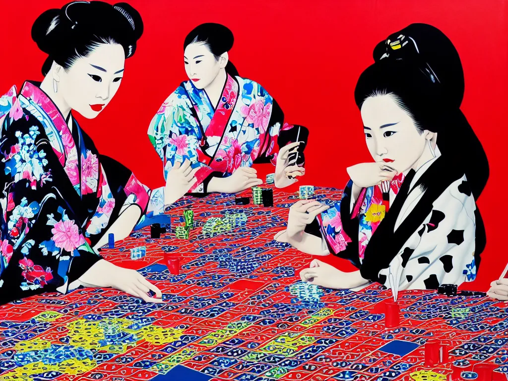 Image similar to hyperrealism composition of the detailed woman in a japanese kimono sitting at an extremely detailed poker table with darth vader, fireworks on the background, pop - art style, jacky tsai style, andy warhol style, acrylic on canvas