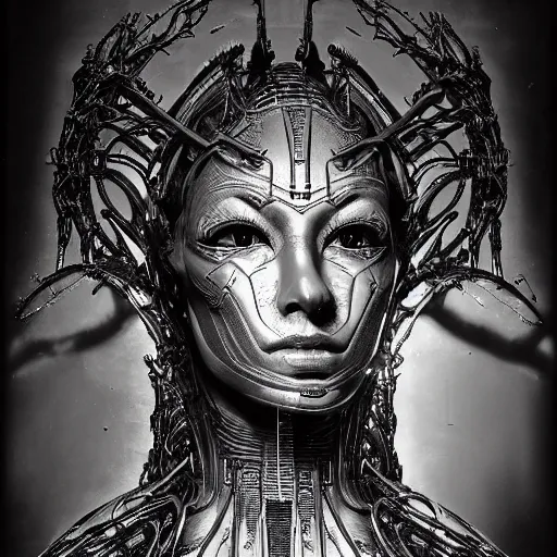 Prompt: a 3 d chromium and graphite render of a cyborg machina - nymphette, portrait by tony diterlizzi and h. r giger, ilford hp 5, 5 5 mm, hyper realistic, hyper - mechanistic by artgerm, gustav dore, peter mohrbacher, gothcore, disturbia, joseph christian leyendecker