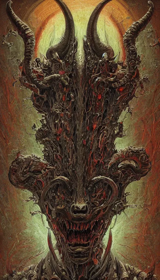 Prompt: Doom themed painting of horrifying bloodthirsty baphomet goat symmetrical face mask pattern concept, infinity glyph, intricate artwork by, Johnatan Wayshak, Zdizslaw Beksinski, Ayami Kojima, Amano, Karol Bak, Greg Hildebrandt, and Mark Brooks, Neo-Gothic, gothic, rich deep colors, art by Takato Yamamoto, masterpiece, face by Artgerm, H.R. Giger, very coherent artwork, cinematic, hyper realism, high detail, octane render, unreal engine, 8k, High contrast, golden ratio, trending on cgsociety, ultra high quality model, production quality cinema model